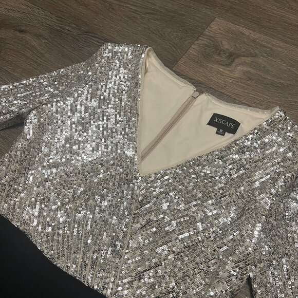 NEW Xscape Sequined Chiffon Long Sleeve Gown Dress Black Nude Silver Size 8 NWT - Picture 9 of 9